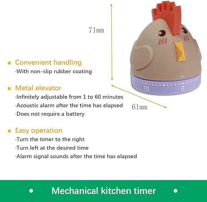 Mechanical Kitchen Timer, Cute Wind Up 60-Minute Manual Countdown for Kids, Classroom, Home, Study and Cooking