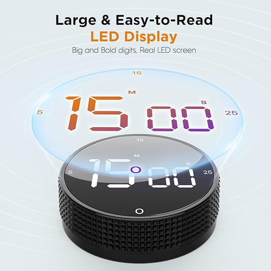 Upgrade Digital Kitchen Timer - 2 Pack Magnetic Countdown Countup Visual Pomodoro Timer with Large LED Display, 3-Preset Times, 3 Volume Levels, Ideal for Cooking, Baking and Fitness (2, Black)