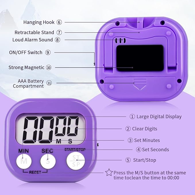 12 Pack Digital Kitchen Timer Magnetic Digital Timer with Big Display Loud Ring Cooking Timers for Kitchen Electronic Timer for Cooking, Bathing, Gym, Break Time, Classroom(12,White,Blue,Purple)