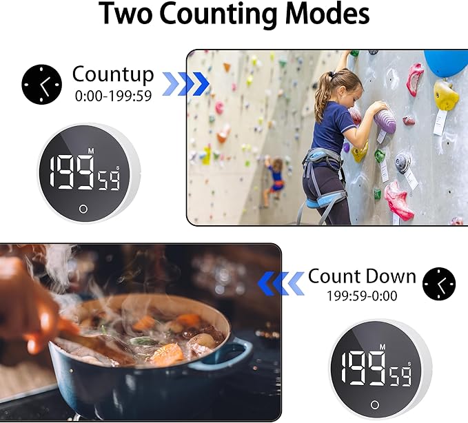 Digital Kitchen Timers, Visual timers Magnetic Countdown Countup Timer Large LED 200 Minutes Display Volume Adjustable for Cooking Fitness Studying, Easy for Kids and Seniors