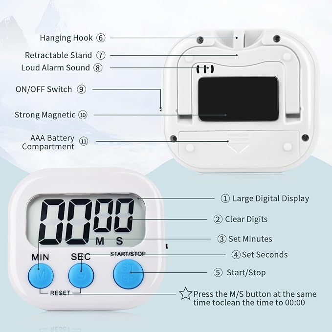 12 Pack Digital Kitchen Timer Magnetic Digital Timer with Big Display Loud Ring Cooking Timers for Kitchen Electronic Timer for Cooking, Bathing, Gym, Break Time, Classroom(12,White, Blue, Orange)