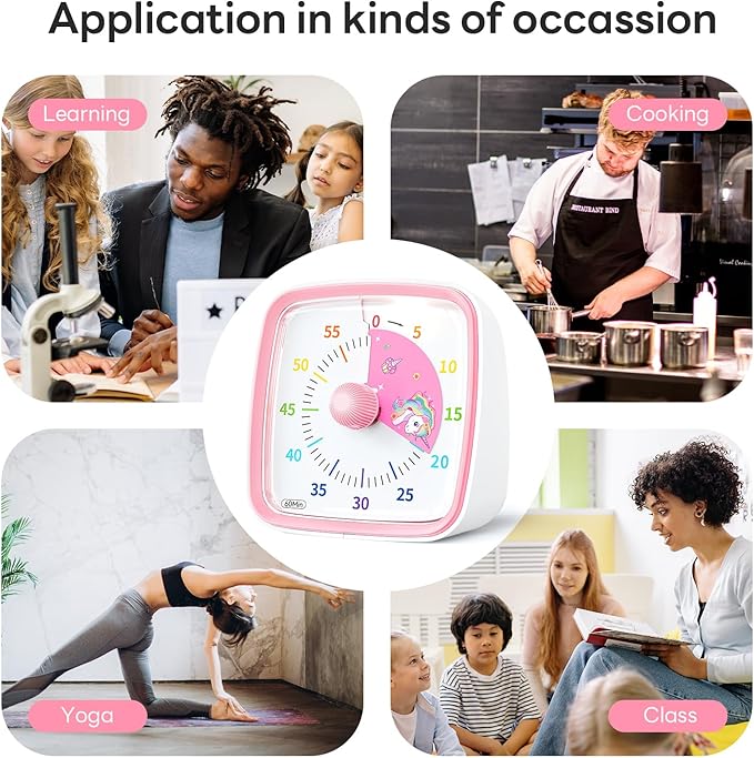 Yunbaoit Visual Timer with Night Light, 60-Minute Unicorn Countdown Timer for Kids and Adults, Time Management Tool for Home, School, Kitchen, or Office (Pink)