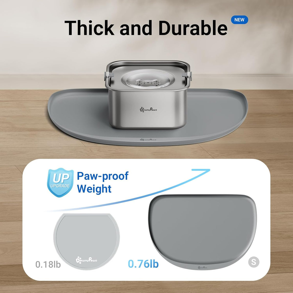 DownyPaws Cat Food Mats for Floors Waterproof, BPA Free Silicone Pet Feeding Mat, Non-Slip Pet Food Mat with High Raised Edge, Cat Placemat for Messy Drinkers, 18"×12.5", Gray